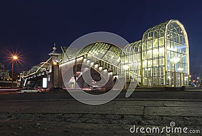 Bogdan Khmelnitsky Bridge, also known as Kievsky Pedestrian Bridge. Europe Square by night. Moscow, Russia Editorial Stock Photo