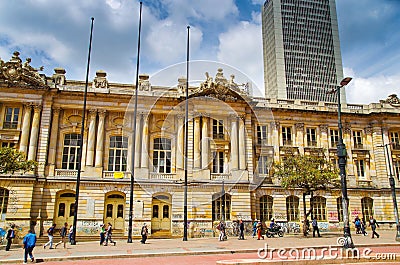 BOGOTA, COLOMBIA - OCTOBER, 11, 2017: Beautiful view of unidentified people walking in front of historic building San Editorial Stock Photo