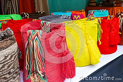 Bogota market of Usaquen colored wool bags Editorial Stock Photo