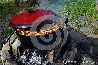 Bograch. Soup with paprika, meat, bean, vegetable, dumpling. Traditional Hungarian Goulash in cauldron. Meal cooked outdoors on an Stock Photo