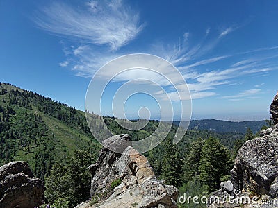Bogus Basin Ski area from rock outcrop on Mores Mountain Loop summer horizontal Stock Photo