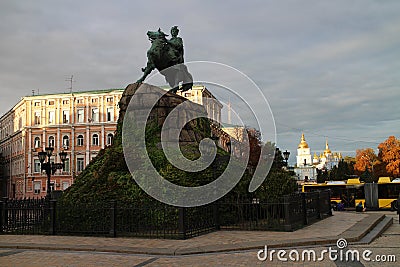 Bohdan Khmelnytsky monument and St. Michael`s Golden-Domed Monastery in Kiev Editorial Stock Photo