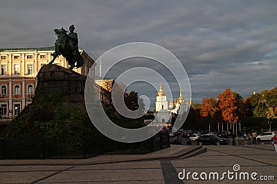 Bohdan Khmelnytsky monument and St. Michael`s Golden-Domed Monastery in Kiev Editorial Stock Photo