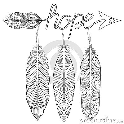 Bohemian Arrow, Hand drawn Amulet with letters Hope, with feather. Decorative Arrows for adult coloring pages, ethnic patterned t Vector Illustration