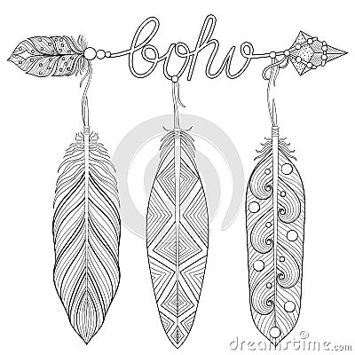 Bohemian Arrow, Hand drawn Amulet wih word Boho and feathers for Vector Illustration