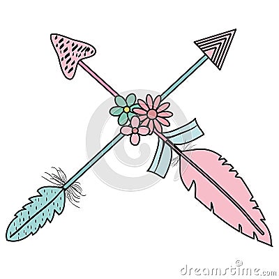 Bohemian arrows crossed with feathers and flowers Vector Illustration
