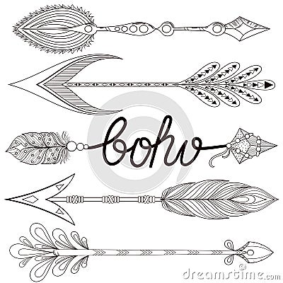 Bohemian Arrows set with henna feathers. Hand drawn zentangle Ar Vector Illustration