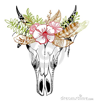 Cow, buffalo, bull skull in tribal style with flowers. Bohemian, boho vector illustration. Wild and free ethnic gypsy Vector Illustration