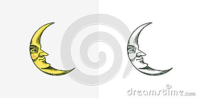 Bohemian esoteric sketch. Crescent moon with a face. Vintage engraving sketch for tattoo, tarot or astrology stickers Vector Illustration