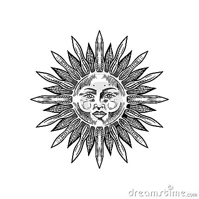 Bohemian esoteric sketch. Sun with a face. Vintage engraving sketch for tattoo, tarot or astrology stickers. Doodle Vector Illustration