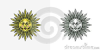 Bohemian esoteric sketch. Sun with a face. Vintage engraving sketch for tattoo, tarot or astrology stickers. Doodle Vector Illustration