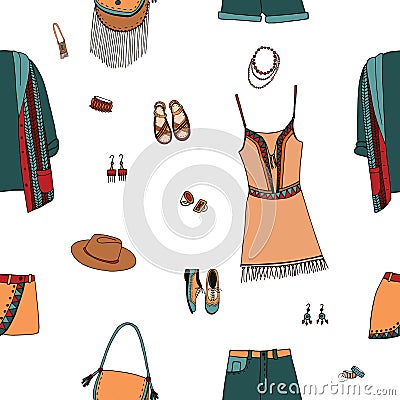 Bohemian fashion style seamless pattern. Boho and gypsy clothes, accessories. Hand drawn colorful background. Vector Illustration