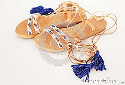 Bohemian greek leather sandals in blue and turquoise colors Stock Photo