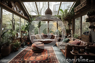 bohemian home with large windows and natural light, bringing in the outdoors Stock Photo