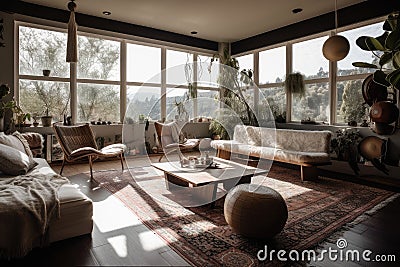 bohemian home with large windows and natural light, bringing in the outdoors Stock Photo