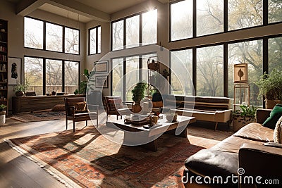 bohemian home with large windows and natural light, bringing in the outdoors Stock Photo