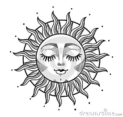 Bohemian illustration, stylized vintage design, sun with face and closed eyes, stylized drawing. Mystical element for design, logo Cartoon Illustration