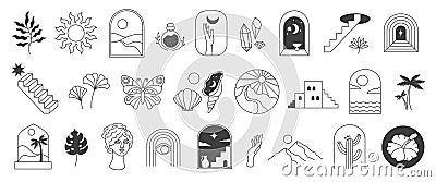 Bohemian line art. Boho aesthetic nature and artistic elements, linear minimalist abstract vector illustrations set Vector Illustration