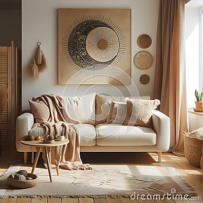 Bohemian living room interior with cozy beige couch, modern minimalist design of apartment Stock Photo