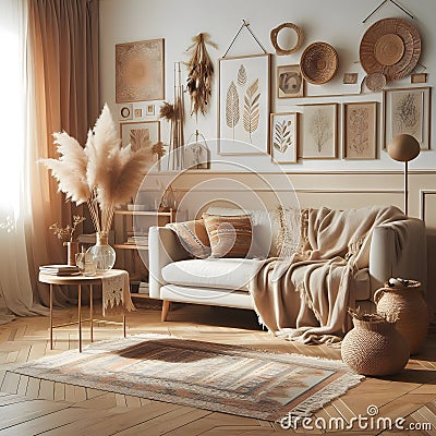 Bohemian living room interior with cozy beige couch, modern minimalist design of apartment Stock Photo