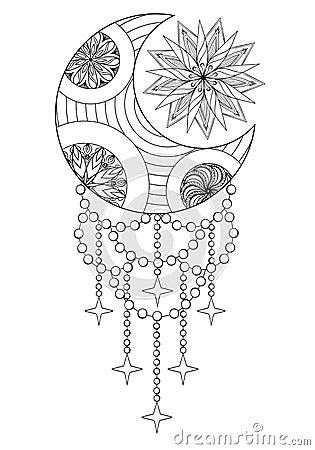 Bohemian Moon and Sun, Hand drawn Zentangle Moon and Sun for adult antistress coloring pages, art therapy, ethnic patterned Vector Illustration