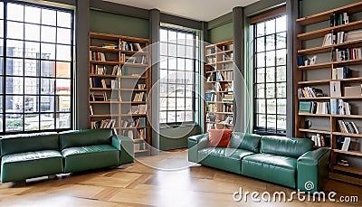 Bohemian room with large windows, wooden shelves full of books. American lifestyle. Home decor. Cozy home decoration. Stock Photo