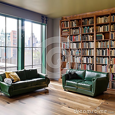 Bohemian room with large windows, wooden shelves full of books. American lifestyle. Home decor. Cozy home decoration. Stock Photo