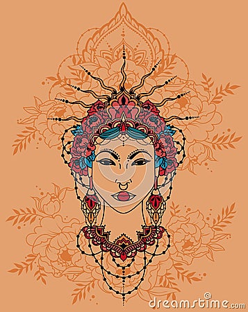 Bohemian royal asian woman in crown and peonies frame Vector Illustration