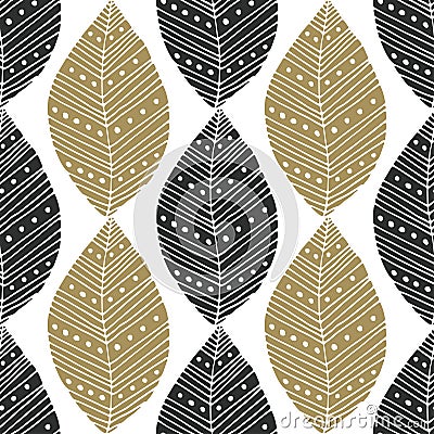 Bohemian seamless pattern with black and gold ethnic leaves. Vector textile swatch or packaging design. Tribal design Vector Illustration