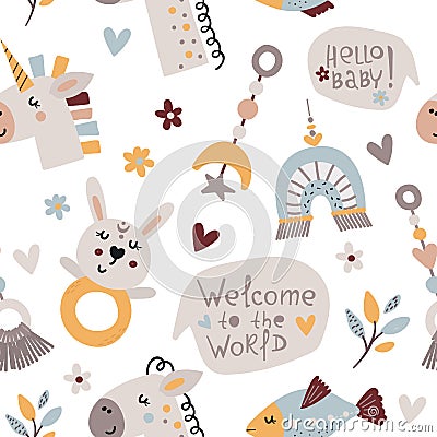 Bohemian seamless pattern with cute baby elements. Vector Illustration