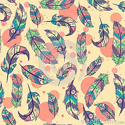 Bohemian seamless pattern with feathers and living coral circles. Repetitive aztec and boho chic background with colorful elements Vector Illustration