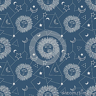 Bohemian seamless pattern with sun, moon, stars and constellation. Vintage style. Vector Illustration