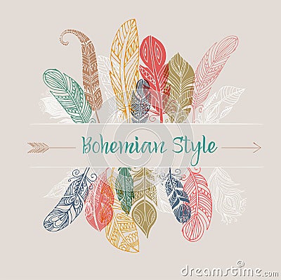 Bohemian style poster with gypsy colorful feathers Vector Illustration