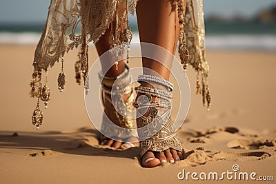 Bohemian styled girl wearing indian silver jewelry on the beach. Generative Ai Stock Photo