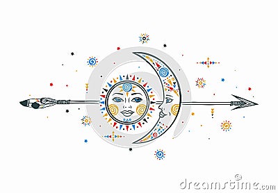 Bohemian sun moon arrow illustration Vector Illustration