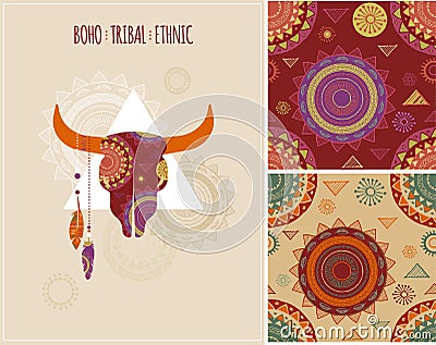 Bohemian, Tribal, Ethnic background with bull Vector Illustration