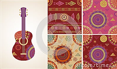 Bohemian, Tribal, Ethnic background with guitar Vector Illustration