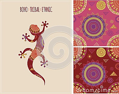 Bohemian, Tribal, Ethnic background with lizard Vector Illustration