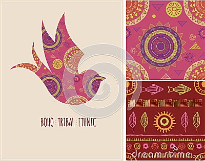 Bohemian, Tribal, Ethnic background with swallow Vector Illustration