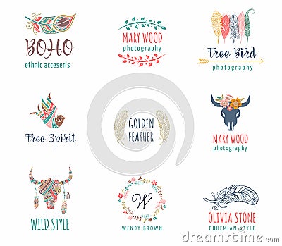 Bohemian, tribal, ethnic icon set with feather, bird and wreath Vector Illustration