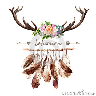Bohemian wreath design with antler, flower watercolor illustration Cartoon Illustration