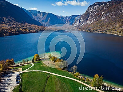 Bohinj lake aerial view of vibrant nature,Slovenia Stock Photo