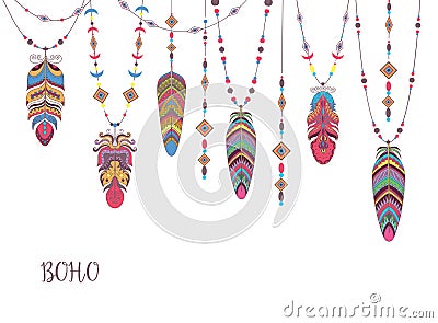Boho Abstract Design with Bird Feather and Beads. Vector Illustration