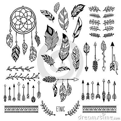 Boho art. Tribal arrow feather, bohemian floral border and hippie fashion frame vector elements set Vector Illustration