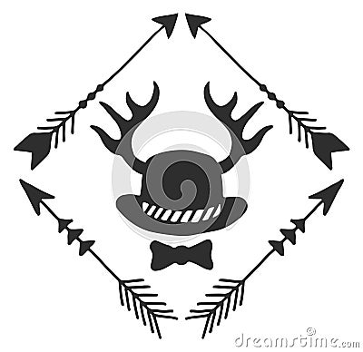 Boho badge with male accesories. Hipster black logo Vector Illustration