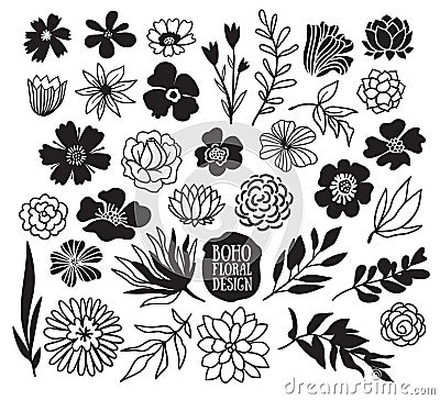 Boho black decorative plants and flowers collection. Vector Illustration