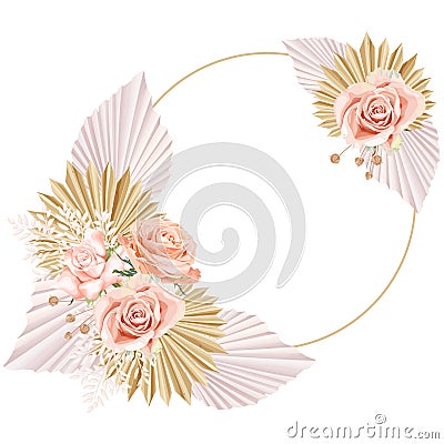 Boho, bohemian wreath with pink rose flowers, palm leaves and dry plants. Wedding floristry. Vector Illustration