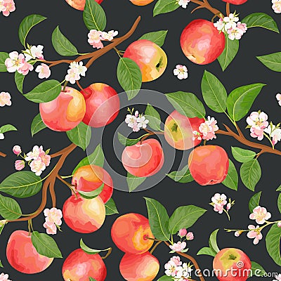 Boho botanical apple seamless pattern. Vector autumn fruits, flowers, leaves texture. Summer floral background Vector Illustration