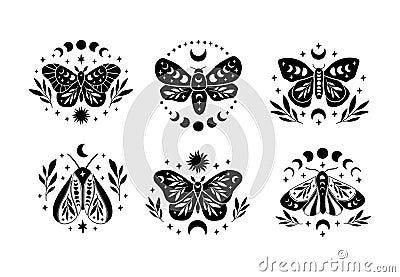 Boho celestial butterfly vector illustration set. Vector Illustration