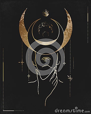 Boho celestial gold moon. Full star elements, retro alchemy sky, esoteric astrology planet, shine universe. Mystic woman Vector Illustration